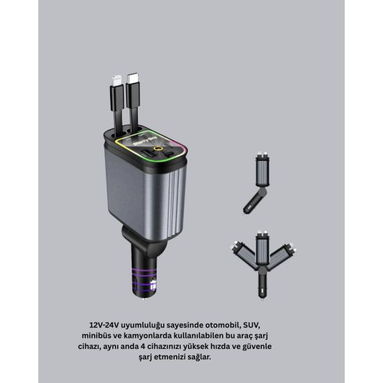 Araç Şarj Cihazı 66W 4 Portlu Hızlı Şarj ve LED Işıklı
