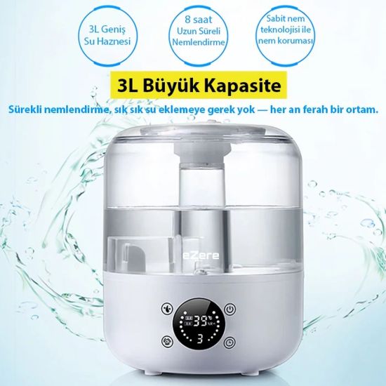 Ezere TH-413 Akıllı Dijital Hava Nemlendirici | 3L Kapasite Dokunmatik