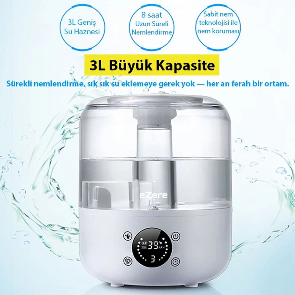 Ezere TH-413 Akıllı Dijital Hava Nemlendirici | 3L Kapasite Dokunmatik