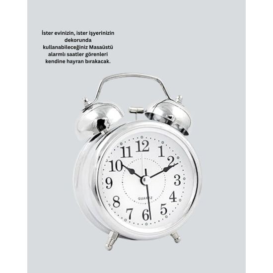 Yuvarlak Gümüş Dekoratif Işıklı Masa Üstü Saat Alarmlı Sessiz Çalışma