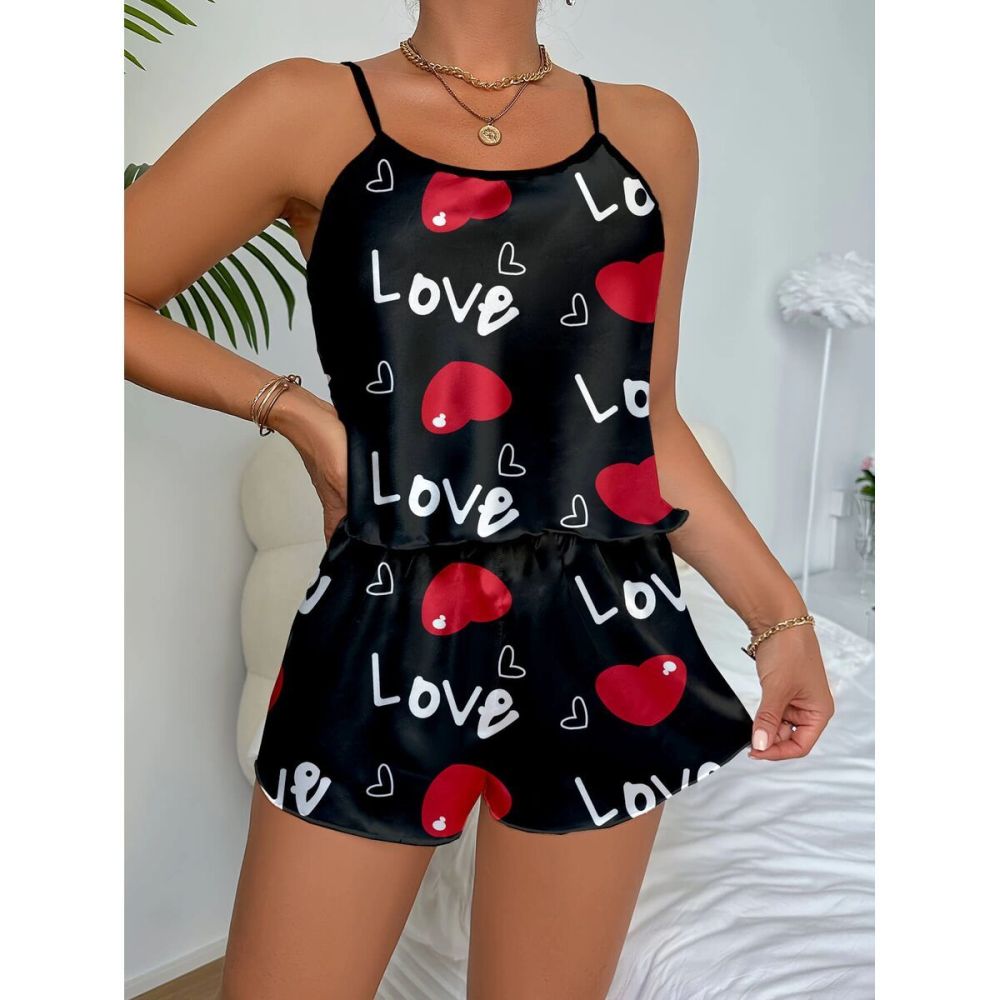 Love Baskılı Gri Saten Gecelik