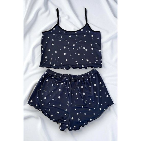 Renkli Kedi Desenli Askılı Şortlu Kadın Pijama Takımı