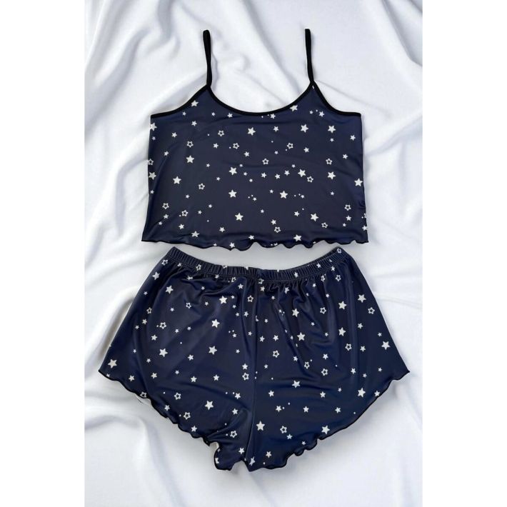 Papatya Baskılı Mavi Askılı Şortlu Pijama Takımı
