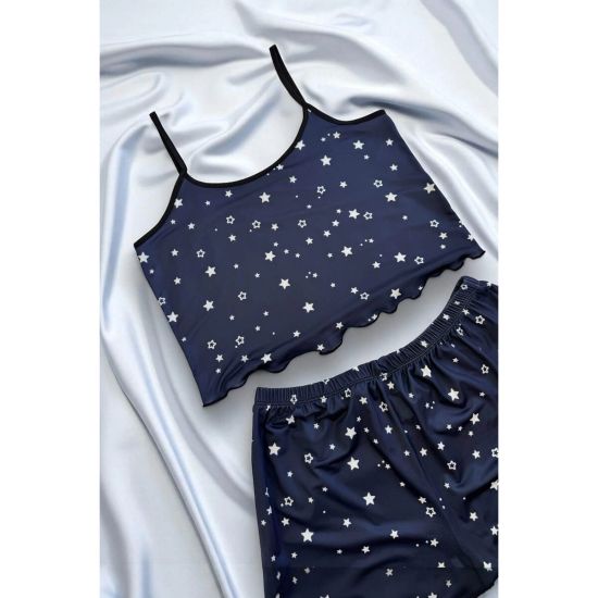 Papatya Baskılı Mavi Askılı Şortlu Pijama Takımı