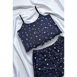 Papatya Baskılı Mavi Askılı Şortlu Pijama Takımı