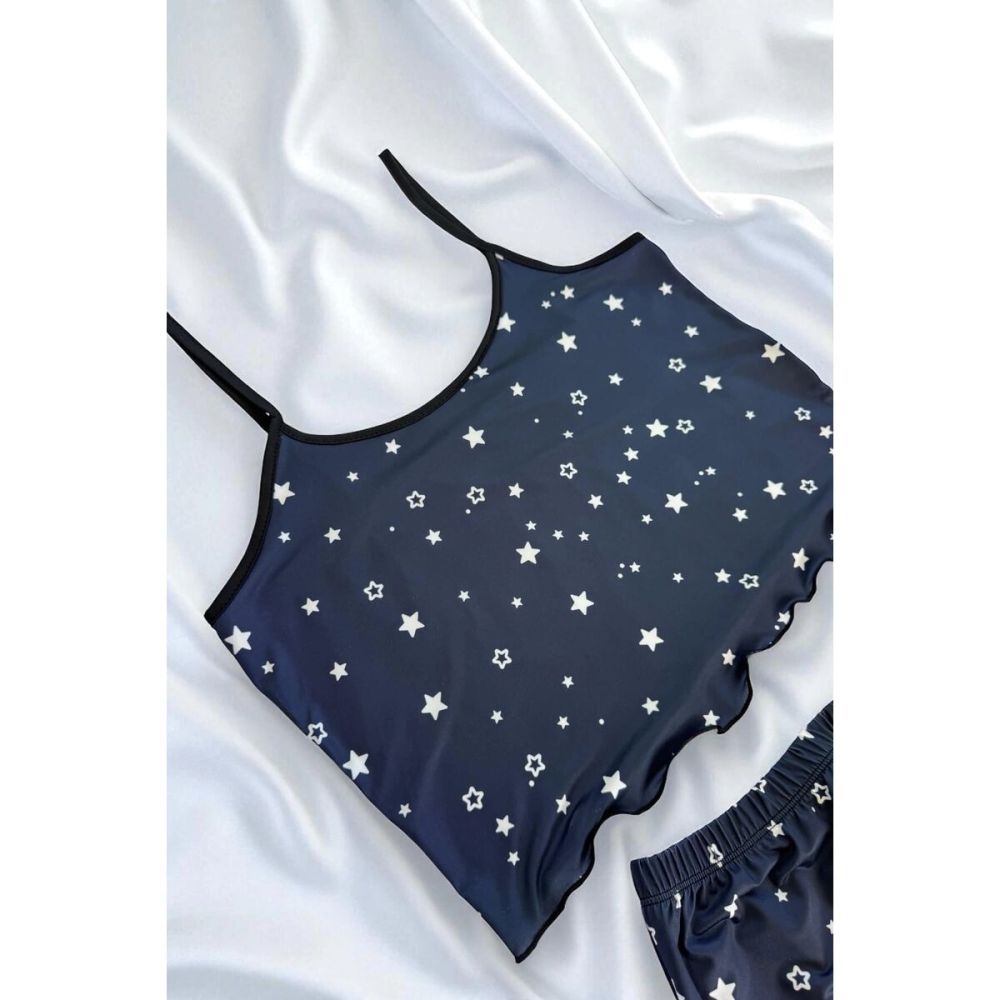 Papatya Baskılı Mavi Askılı Şortlu Pijama Takımı