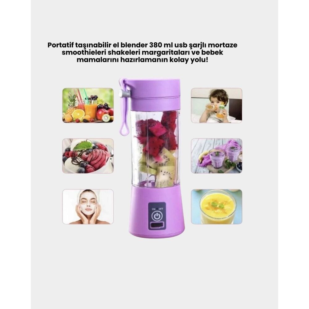 Taşınabilir USB Şarjlı Mini Smoothie Blender 380ml Çelik Bıçaklı Porta
