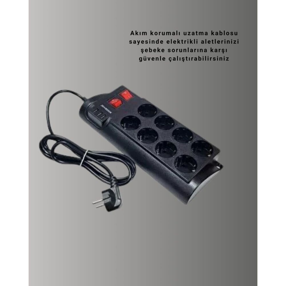 Termal Korumalı 8 Prizli 3 USB’li Uzatma Kablosu