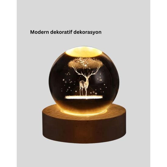 USB Bağlantılı Geyik Temalı Kristal Küre Premium Masa Gece Lambası