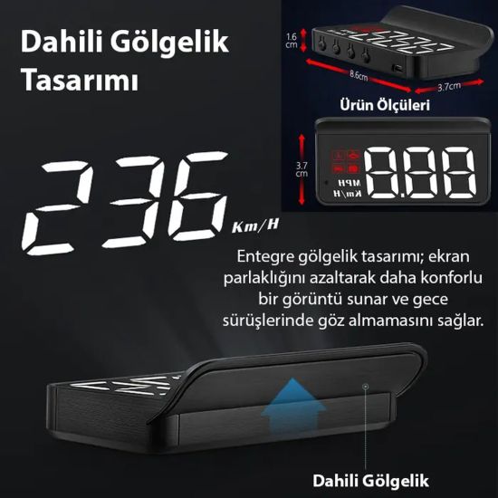 ALLY M3 HUD OBD2 Head-Up Display Dijital Hız Göstergesi E-OBD ve GPS D