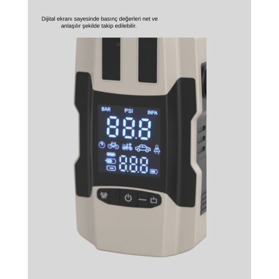 Araç Hava Pompası ve Akü Takviye Powerbank 12.000 mAh Çok Fonksiyonlu