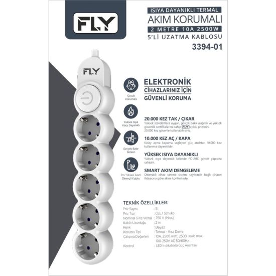FLY 3394-01 5 Soket Akım Korumalı Priz 2.1A Anahtarlı 2Mt Kablo (Beyaz