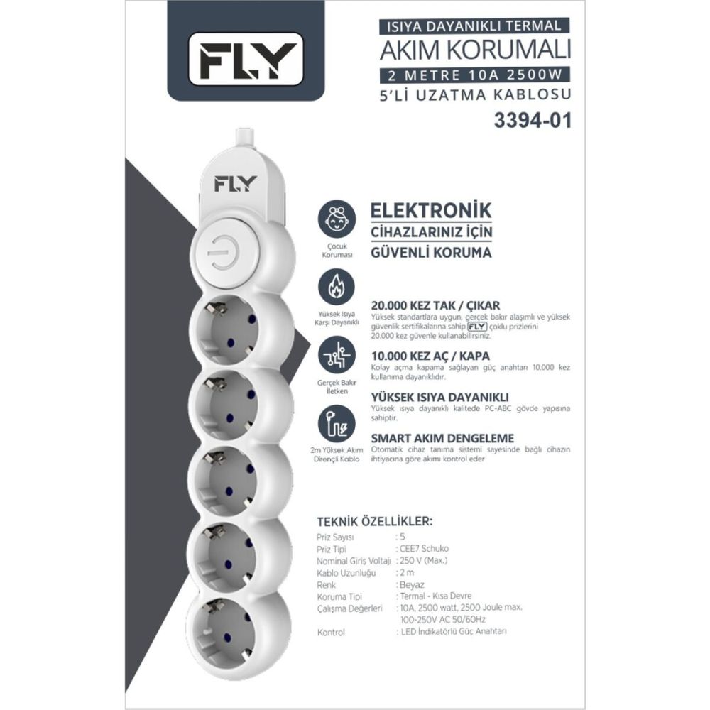 FLY 3394-01 5 Soket Akım Korumalı Priz 2.1A Anahtarlı 2Mt Kablo (Beyaz