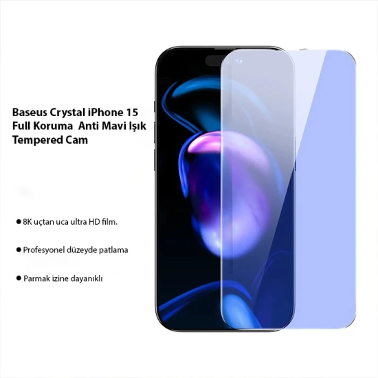 Baseus Crystal iPhone 15 Full Koruma Anti Mavi Işık Tempered Cam Ekran