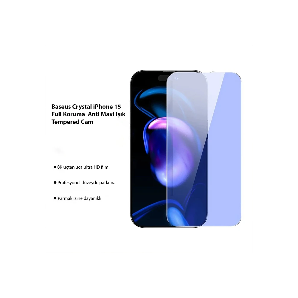 Baseus Crystal iPhone 15 Full Koruma Anti Mavi Işık Tempered Cam Ekran