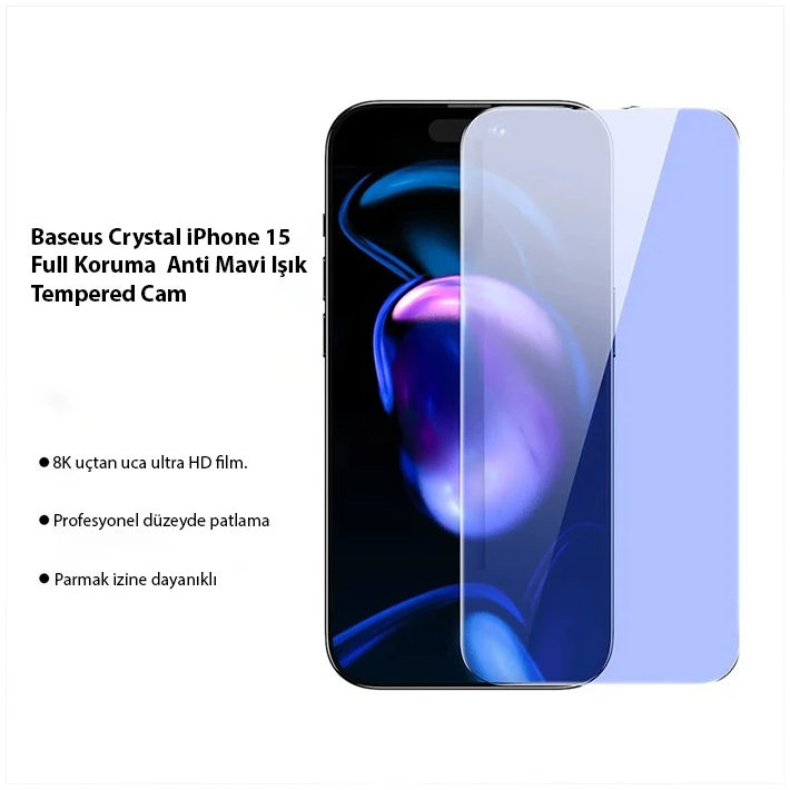 Baseus Crystal iPhone 15 Full Koruma Anti Mavi Işık Tempered Cam Ekran