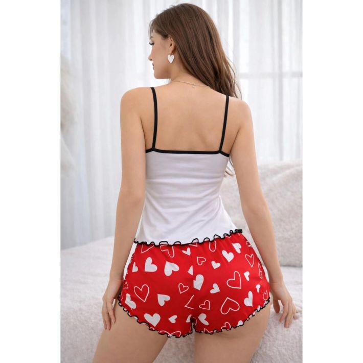 Renkli Kalp Desenli Askılı Şortlu Kadın Pijama Takımı