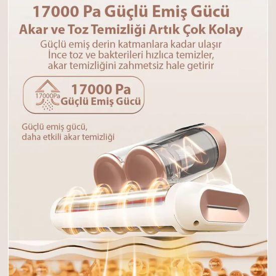 Ezere DustAway 17000Pa Güçlü Kablosuz Akar ve Toz UV Işıklı Yatak ve K