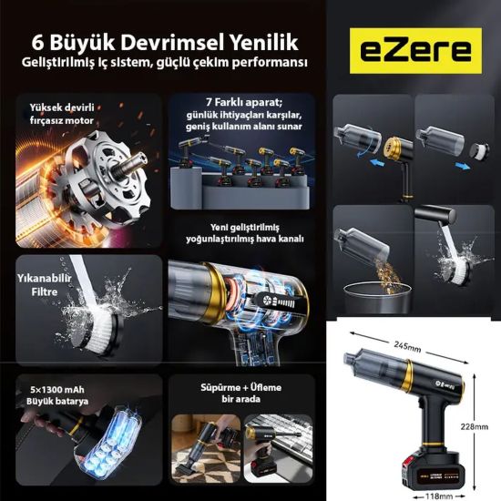 EZERE ST-6609C 20000pa Güçlü Dijital Göstergeli Vakumlu Kablosuz Üflem