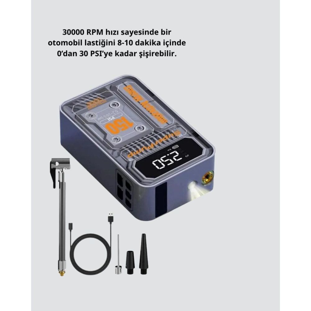 Taşınabilir Kablosuz Hava Pompası – 150 PSI Güçlü Basınç ve 6000mAh Şa