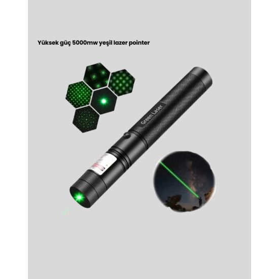 Yüksek Güçlü Yeşil Lazer Pointer 5000mW Şarjlı