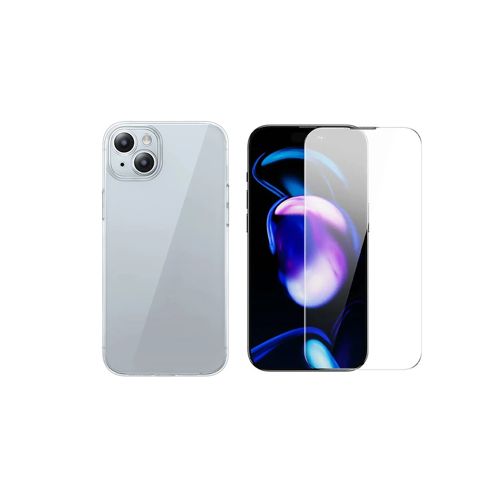 Baseus iPhone 15 Plus Schott Serisi Şeffaf Silikon Kılıf + Tempered Ek