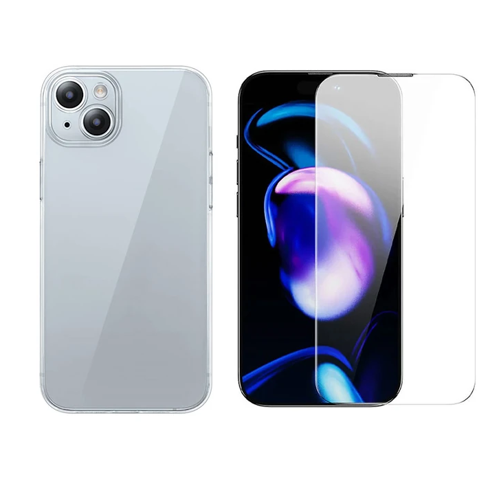 Baseus iPhone 15 Plus Schott Serisi Şeffaf Silikon Kılıf + Tempered Ek