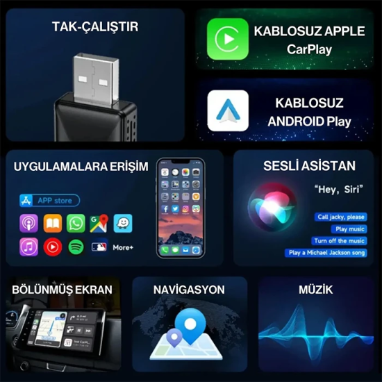 ALLY Kablosuz Car Play Adaptörü Apple Ve Android Cihazlar Için Wireles