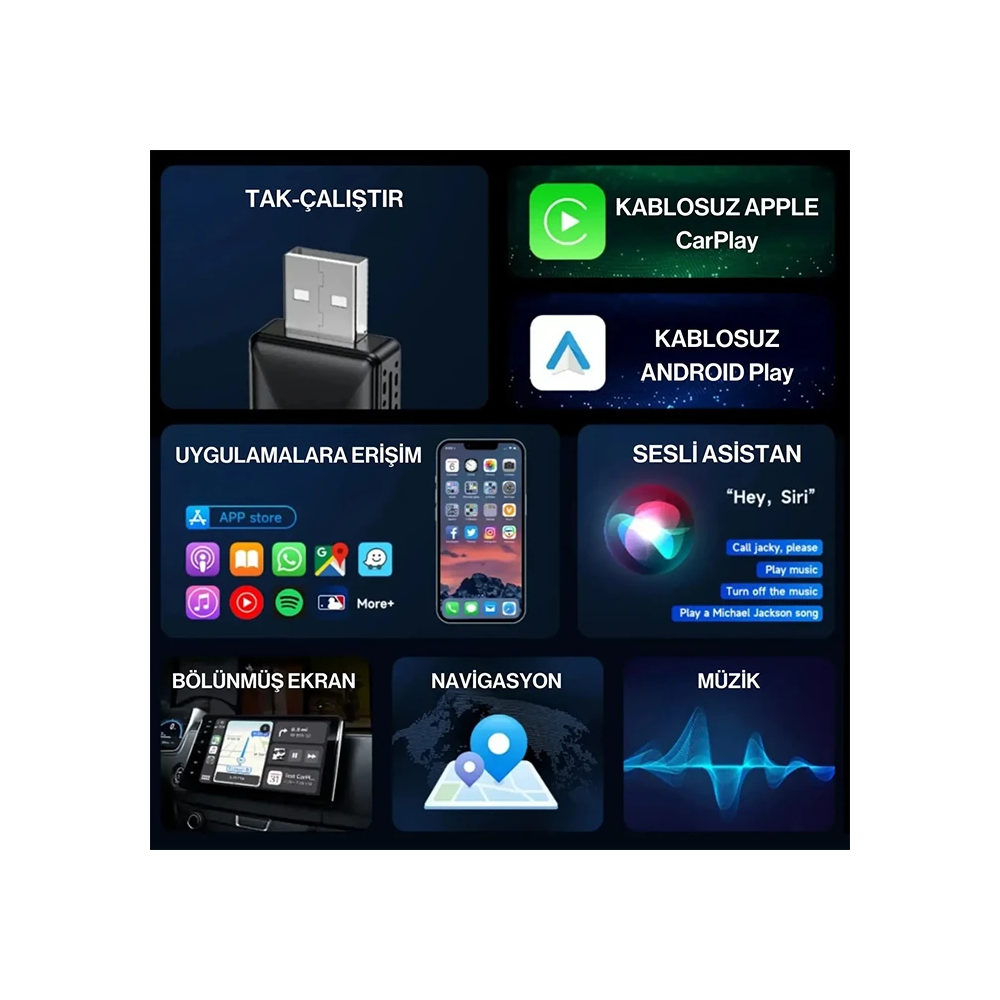 ALLY Kablosuz Car Play Adaptörü Apple Ve Android Cihazlar Için Wireles