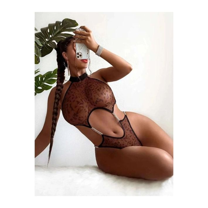 Kadın Leopar Desenli Zincir Detaylı Kahverengi Babydoll Gecelik Seksi 