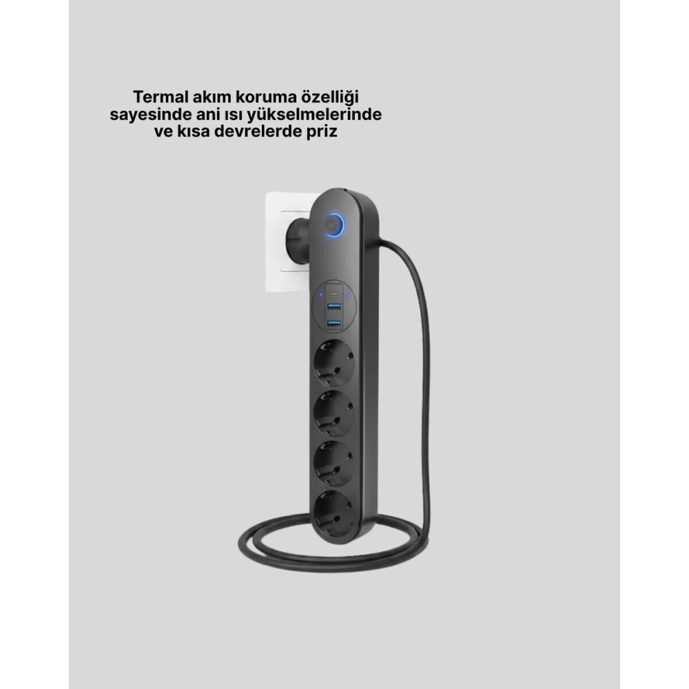 4 Priz 2 USB 1 Type-C Akım Korumalı Çoklu Priz Led Anahtarlı