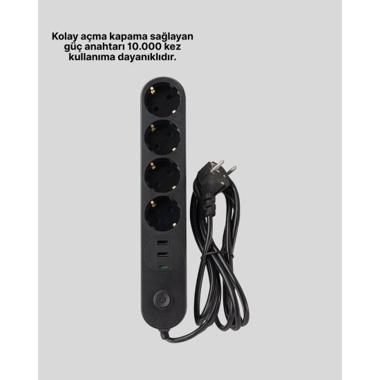 4 Priz 2 USB 1 Type-C Akım Korumalı Çoklu Priz Led Anahtarlı