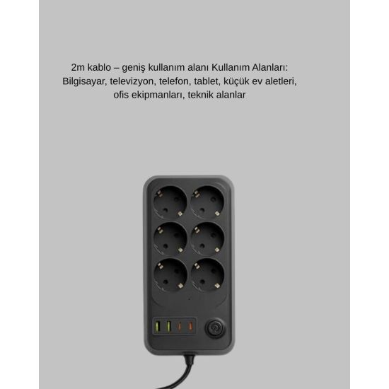 6’lı Grup Priz Termal Korumalı USB Type-C Çoklu Priz 2 Metre Kablo