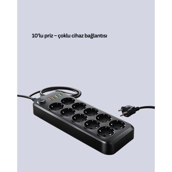 Termal Akım Korumalı 10’lu Grup Priz USB Type-C Hızlı Şarj 2500W 2m Ka