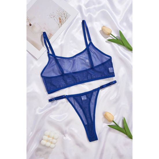 Mavi Şeffaf Tül Detaylı Bralet Tanga Kadın İç Giyim Seti