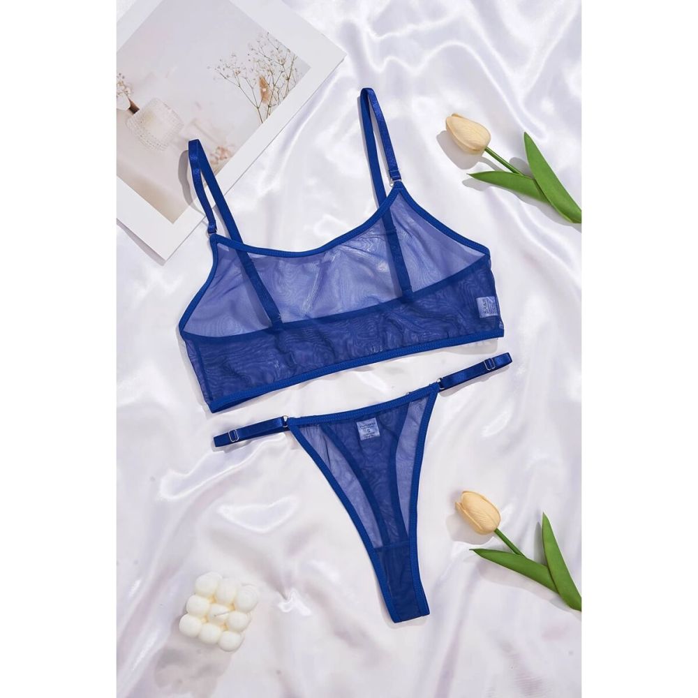 Mavi Şeffaf Tül Detaylı Bralet Tanga Kadın İç Giyim Seti
