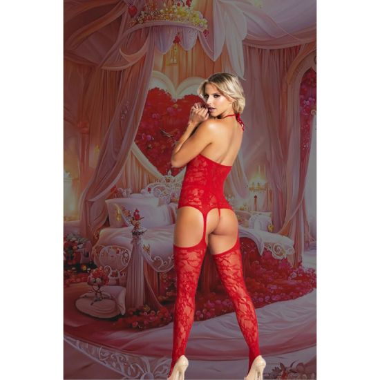 Kadın Kırmızı Yumuşak İp dokulu File Seksi Fantezi Vücut Çorabı