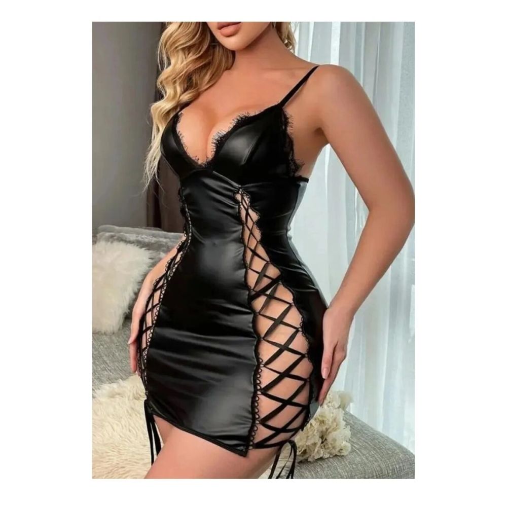 Siyah Kadın Deri Çapraz İpli Fantezi Seksi Kostüm Gece Elbisesi