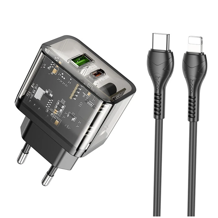 HOCO N34 PD20W USB+Type-C + iPhone Lightning Kablo Hızlı Şarj Adaptör 