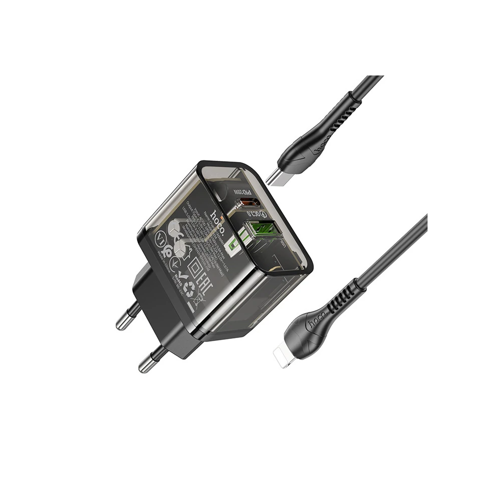 HOCO N34 PD20W USB+Type-C + iPhone Lightning Kablo Hızlı Şarj Adaptör 