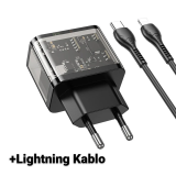 HOCO N34 PD20W USB+Type-C + iPhone Lightning Kablo Hızlı Şarj Adaptör 