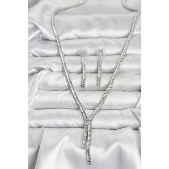 Gümüş Renk Baget Zirkon Taşlı Kadın Kolye Küpe Set