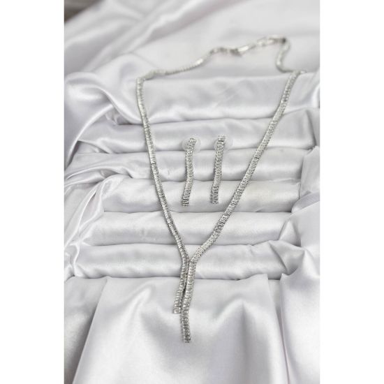 Gümüş Renk Baget Zirkon Taşlı Kadın Kolye Küpe Set