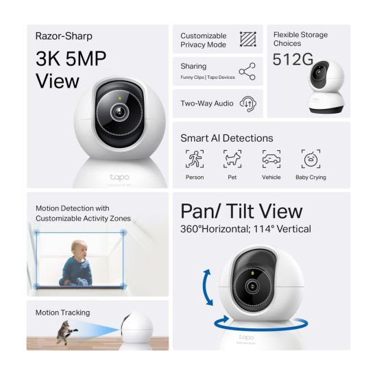 TP-LINK Tapo TC74 (C230) 3K 50Mpix İç Mekan WiFi 12Mt. Gece Görüşü 360