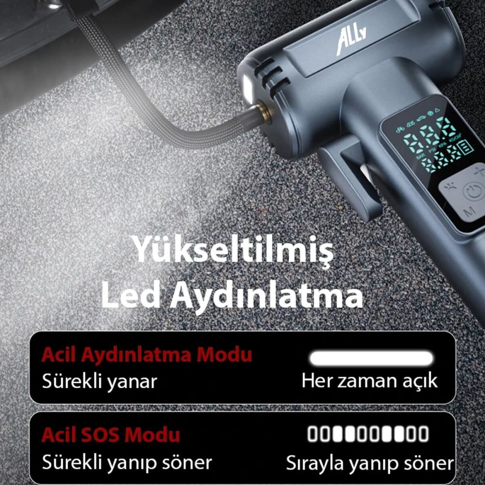 Ally ST-5530 Dijital Şarjlı Araç Lastik Hava Şişirme Pompası Powerbank
