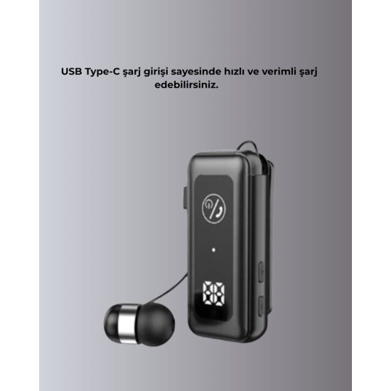 İçi Sarılabilen Kablo ve Yaka Klipsli Bluetooth Kulaklık