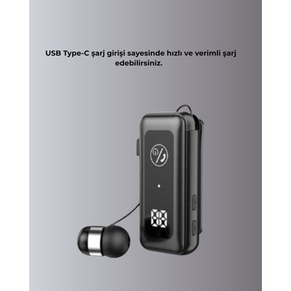 İçi Sarılabilen Kablo ve Yaka Klipsli Bluetooth Kulaklık