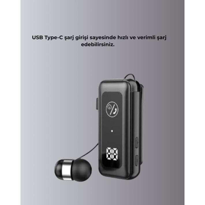 İçi Sarılabilen Kablo ve Yaka Klipsli Bluetooth Kulaklık