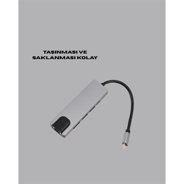Type‑C Dönüştürücü – 2×USB3.0 SD/MS 4K HDMI & RJ45 ile Profesyonel Kul