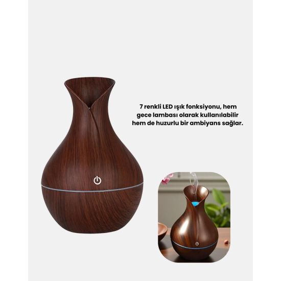 Ahşap Desenli Aromaterapi Difüzör 130 ml Ultrasonik ve 7 Renk LED Işık